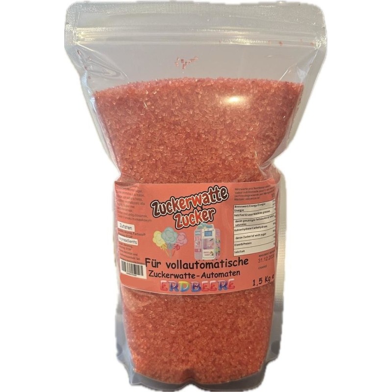 Sucre rouge à gros grains au goût fraise pour machines à barbe à papa - 1,5 kg