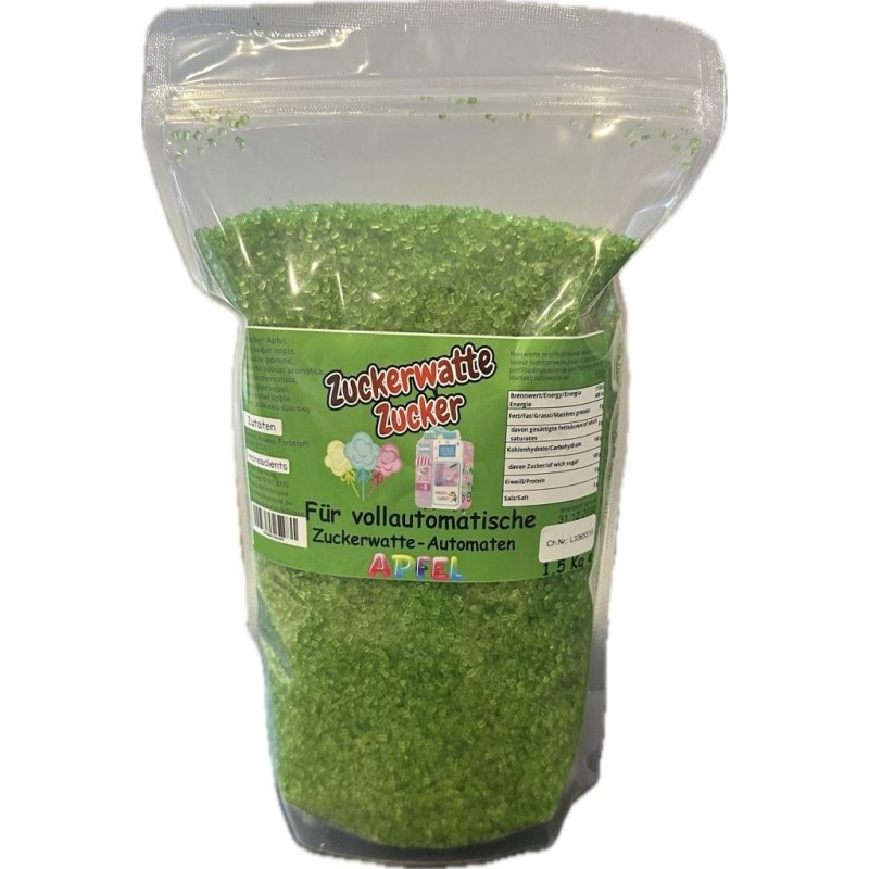 Sucre vert à gros grains au goût pomme pour machines à barbe à papa - 1,5 kg